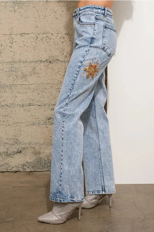 Mid Rise Stretch Denim Jeans  Light Wash Gold