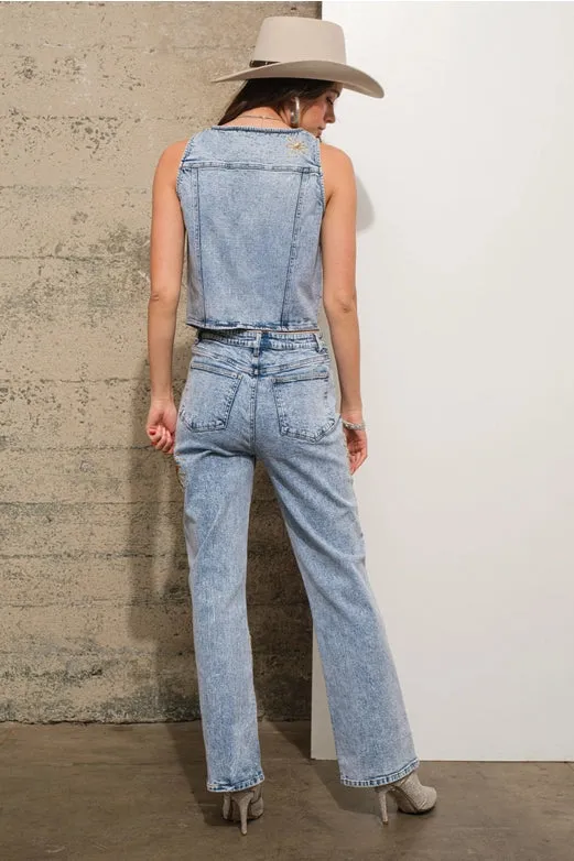 Mid Rise Stretch Denim Jeans  Light Wash Gold
