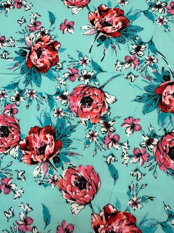 Mint Green Multi Floral Print Poly Georgette Fabric