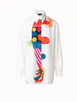 Oversized Silk Tunic Blouse with Rooster Print