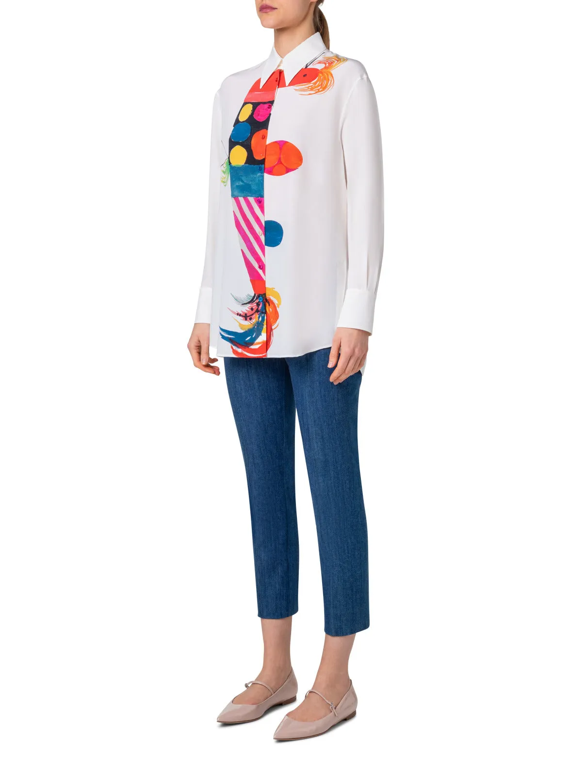 Oversized Silk Tunic Blouse with Rooster Print