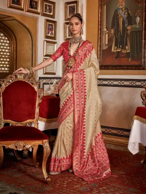 Passionate Off-White Silk Saree with Traditional Patola Design