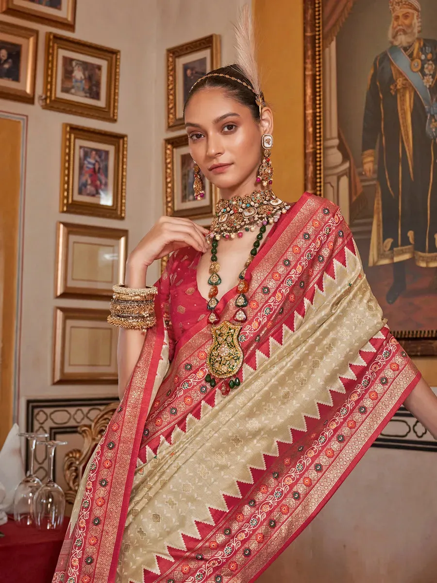 Passionate Off-White Silk Saree with Traditional Patola Design