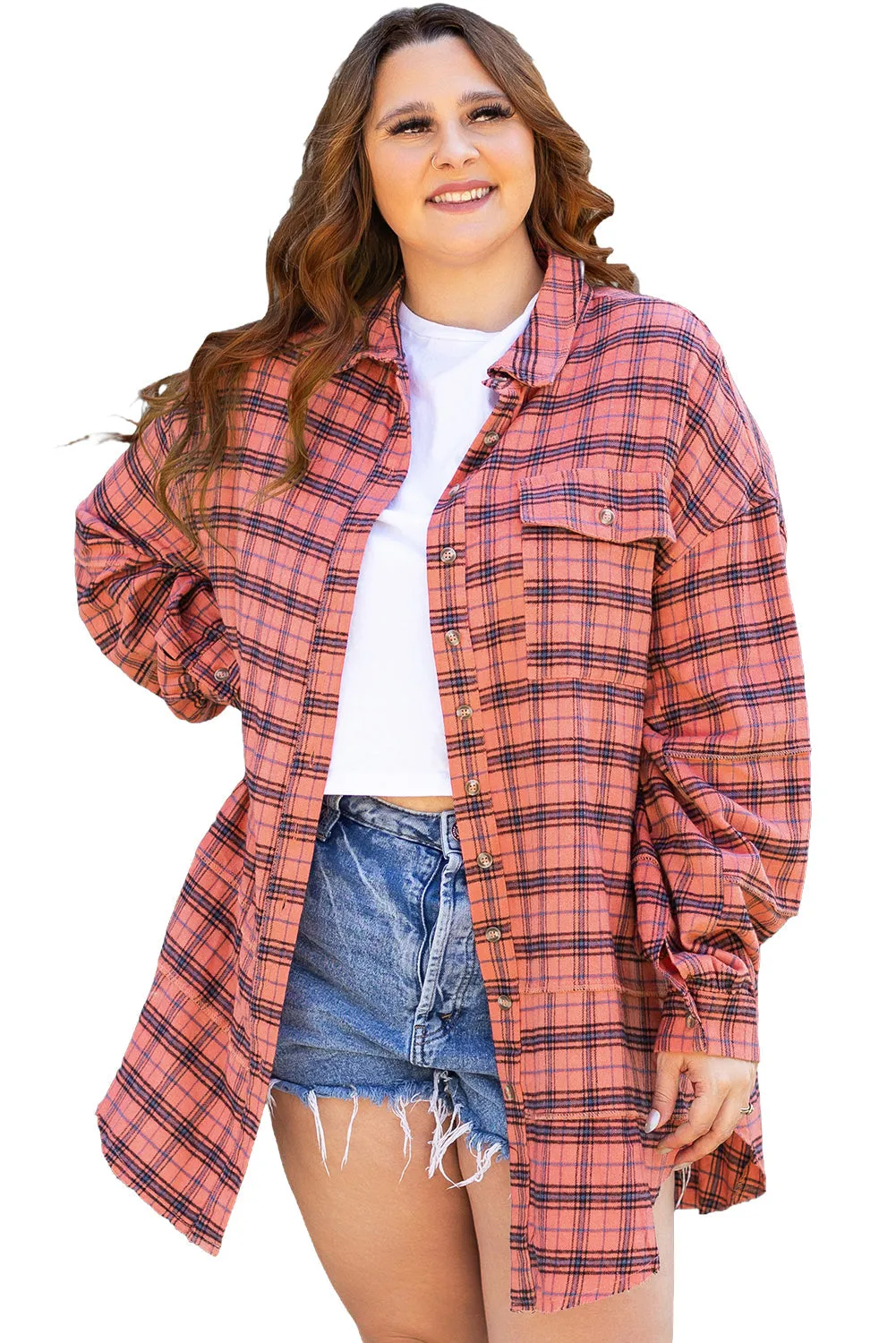 Plaid Side Split Distressed Hem Shirt