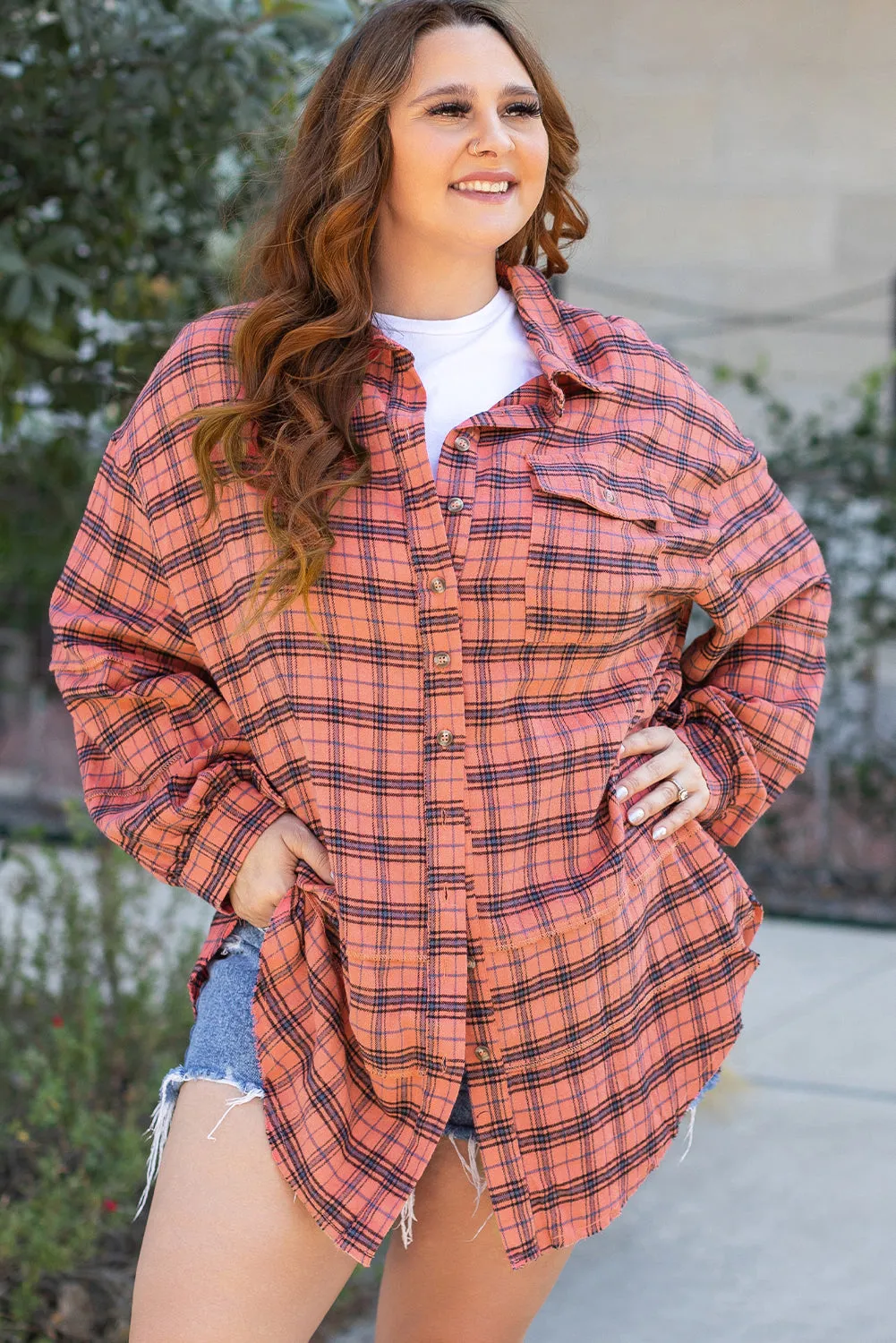 Plaid Side Split Distressed Hem Shirt