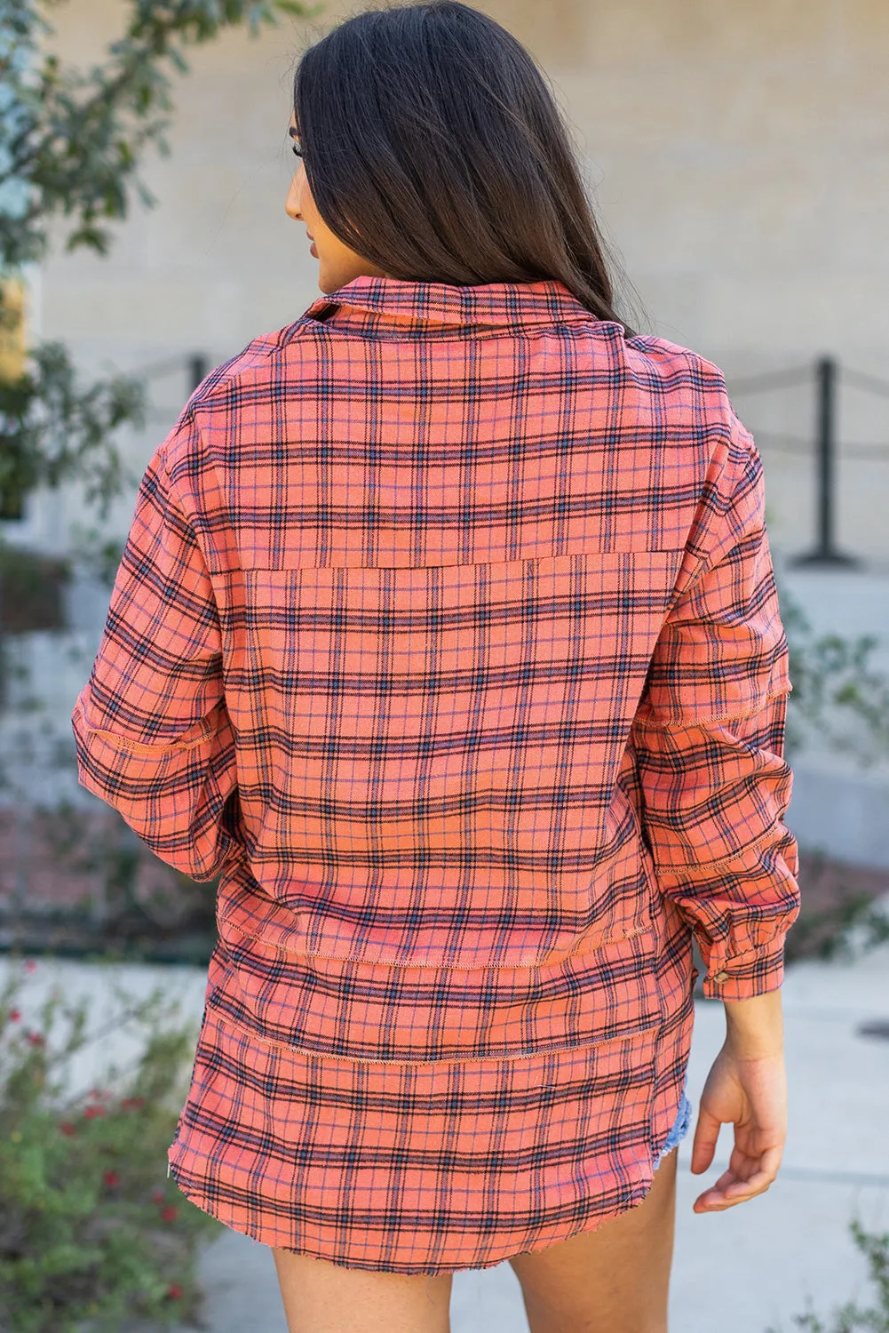 Plaid Side Split Distressed Hem Shirt