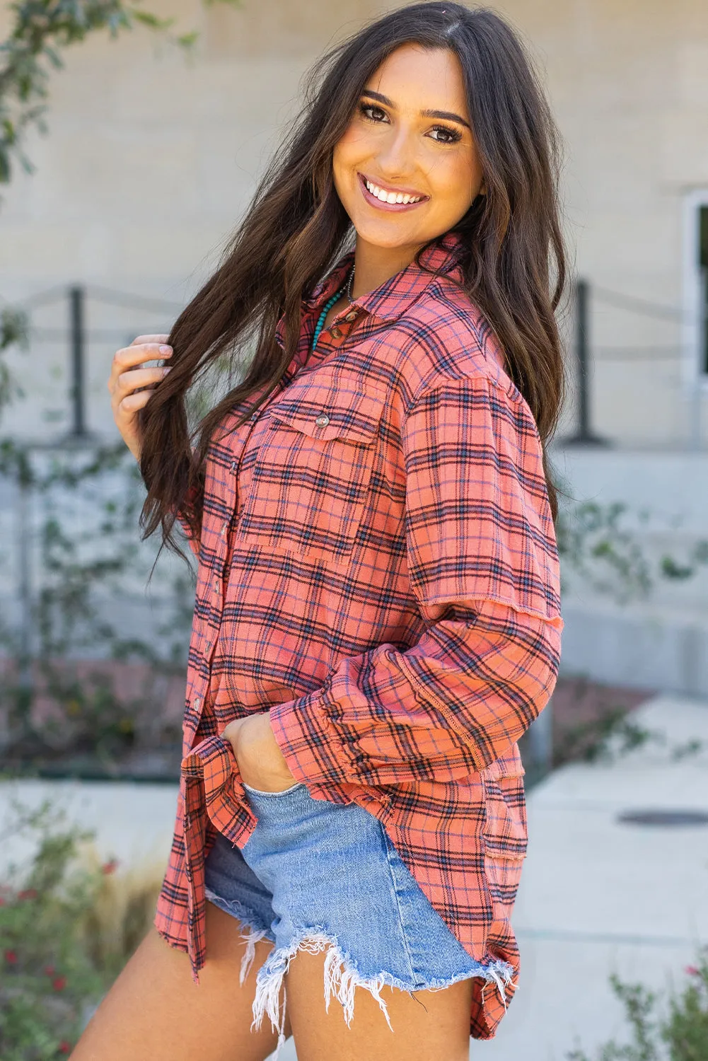 Plaid Side Split Distressed Hem Shirt