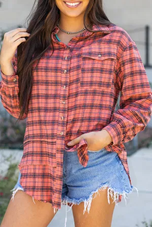 Plaid Side Split Distressed Hem Shirt
