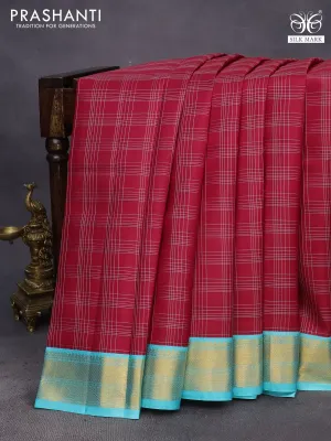 Pure kanchipuram silk saree red and teal blue with allover checked pattern and zari woven korvai border