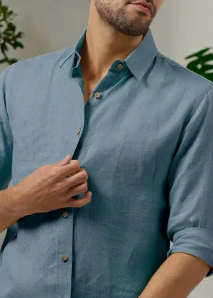Ron - Pure Linen Full Sleeve Shirt - Blue Grey