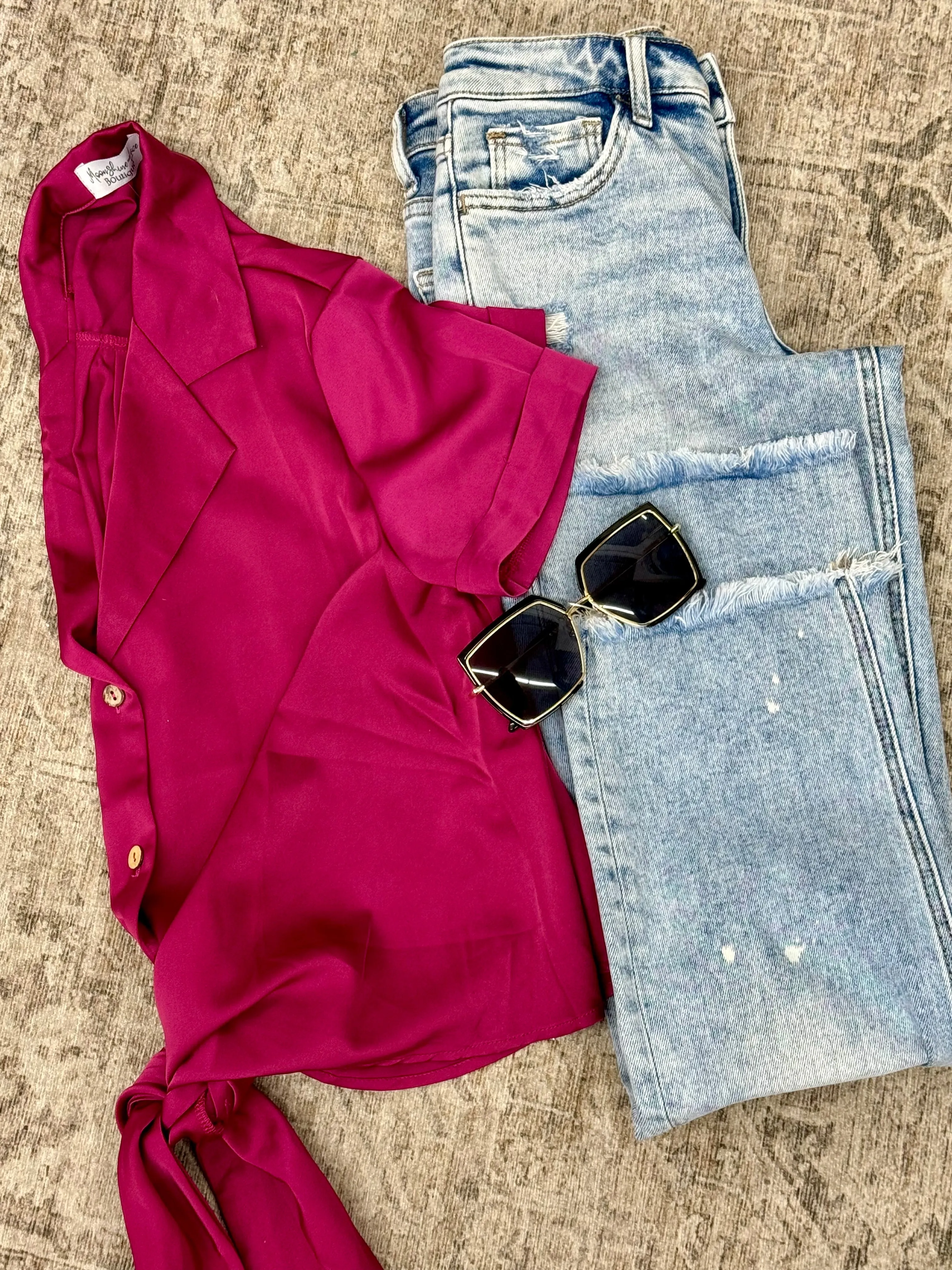 Rose Red Fold Cuffs Short Sleeve Satin Shirt