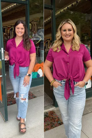 Rose Red Fold Cuffs Short Sleeve Satin Shirt