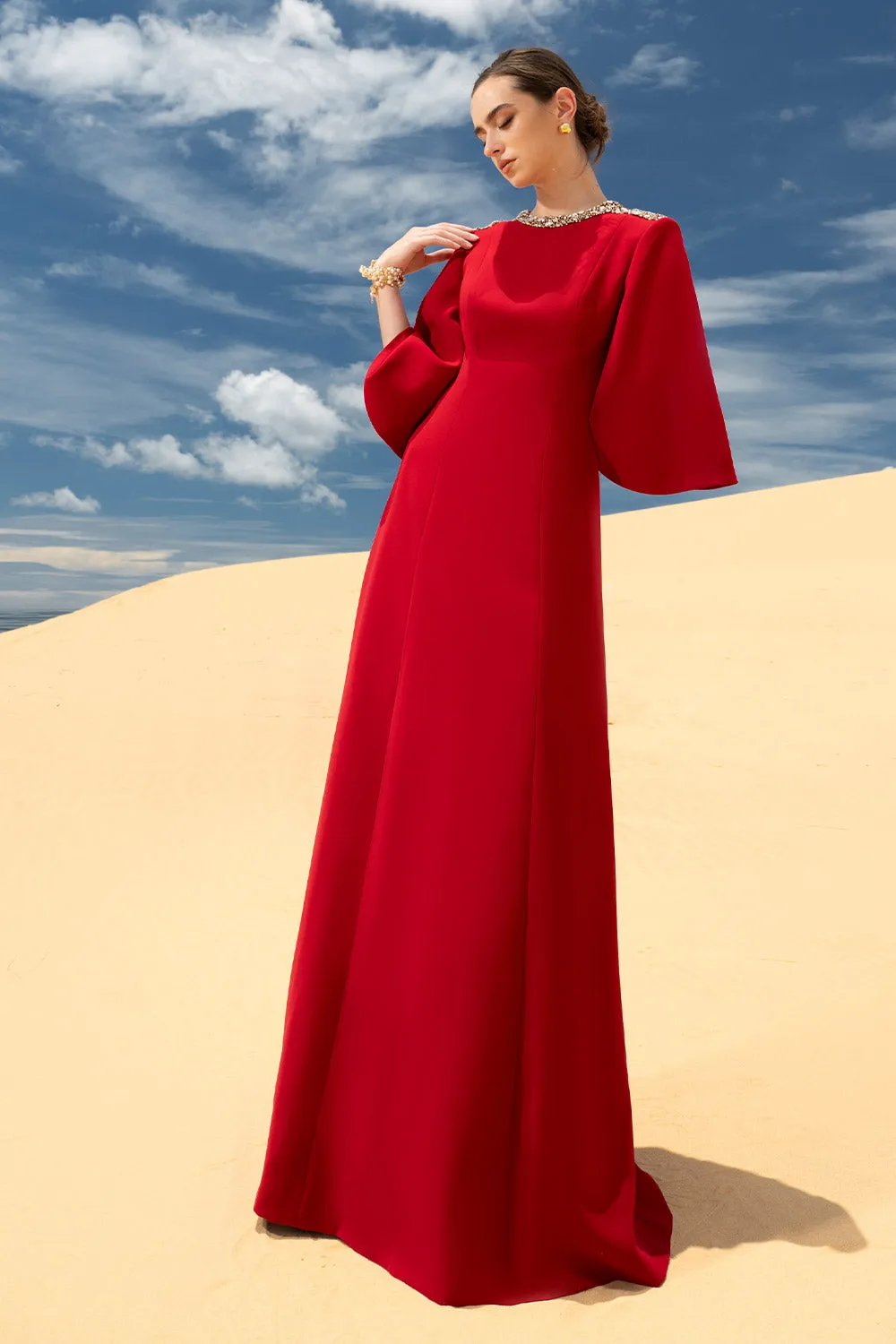 Savanna A-line Bead Velvet Satin Maxi Dress
