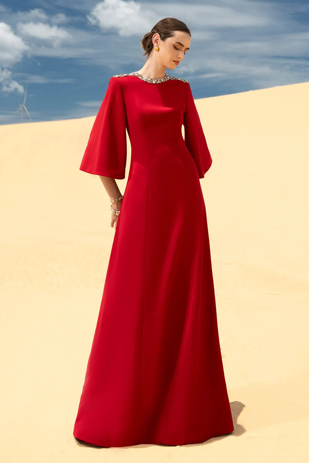 Savanna A-line Bead Velvet Satin Maxi Dress