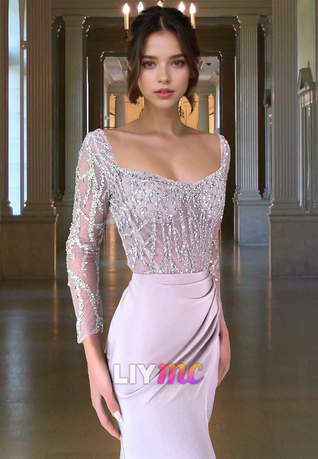 Scoop Long Sleeves Beaded Sequins Pleated Mermaid Prom Dress