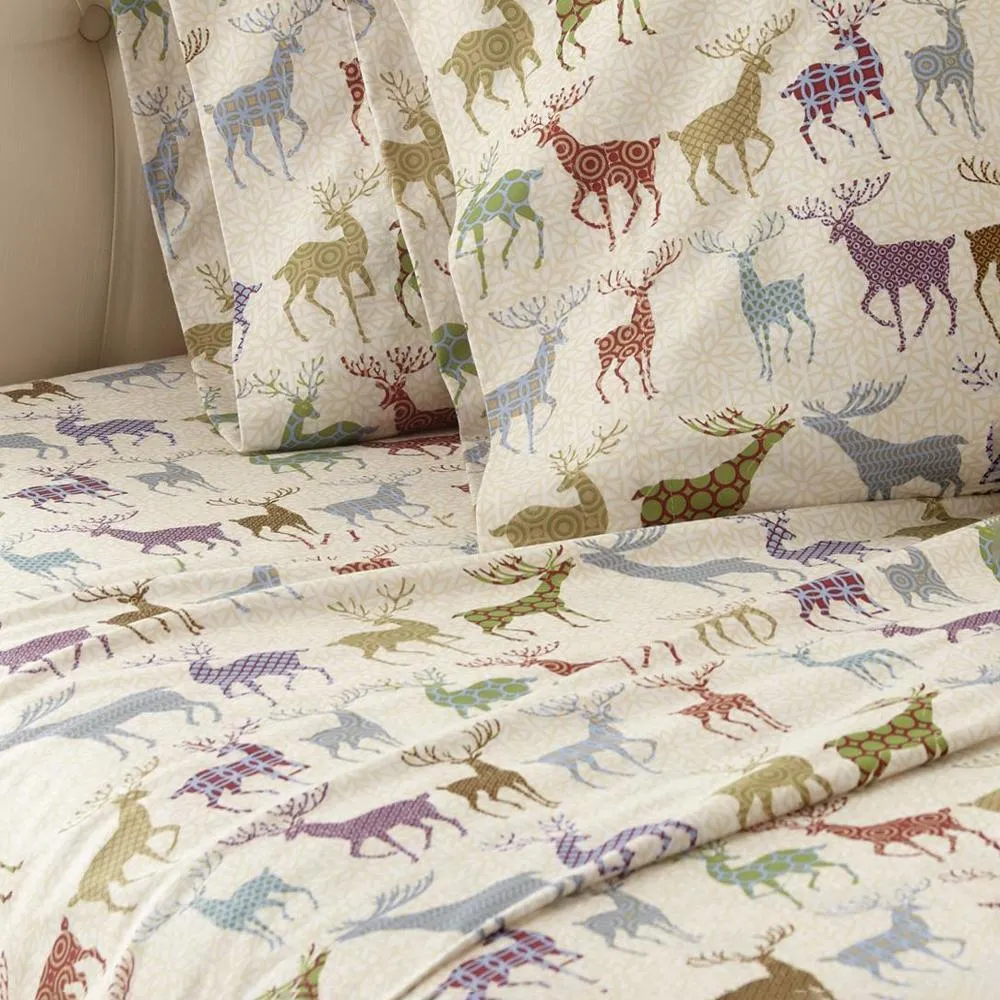 Shavel Micro Flannel Quality Printed Sheet Set - Twin Flat/Fitted Sheet 66x96/75x39x14" Pillowcase 21x32" - Colorful Deer.