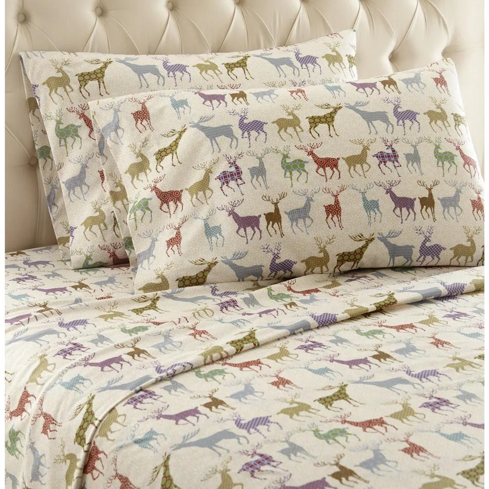 Shavel Micro Flannel Quality Printed Sheet Set - Twin Flat/Fitted Sheet 66x96/75x39x14" Pillowcase 21x32" - Colorful Deer.