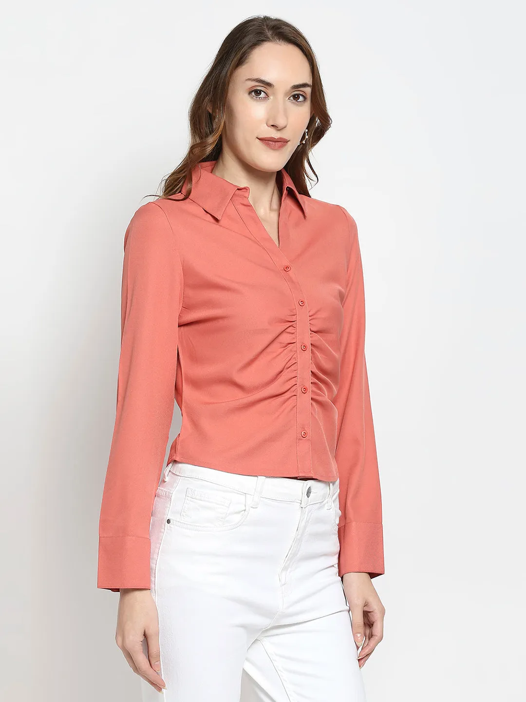 Spykar Women Onion Red Poly Satin Full Sleeve Plain Shirts