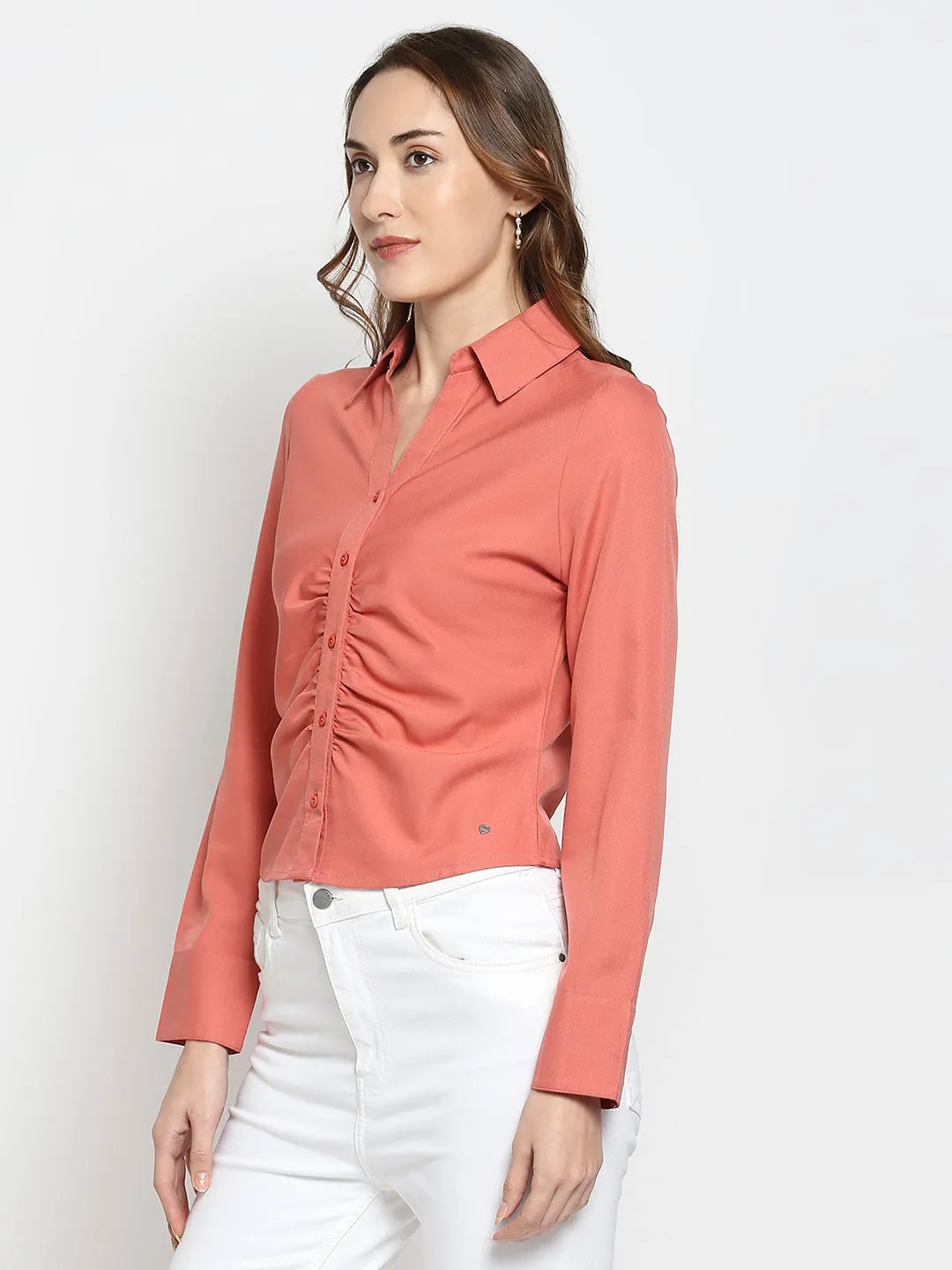 Spykar Women Onion Red Poly Satin Full Sleeve Plain Shirts