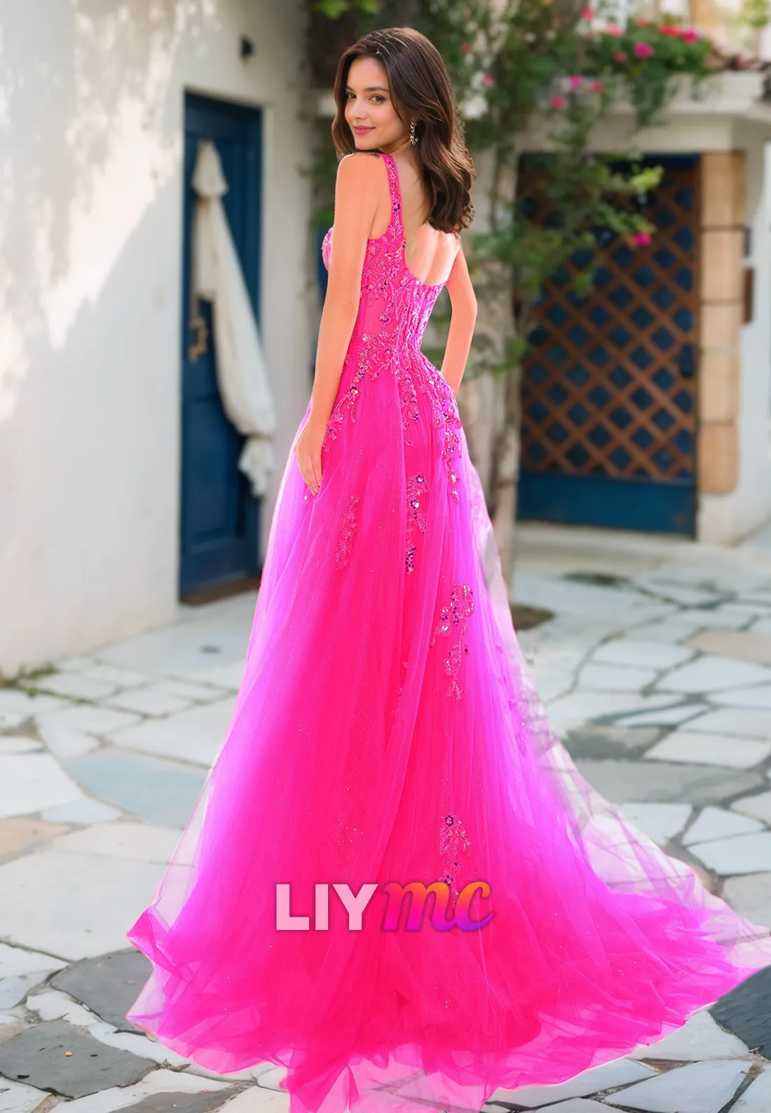 Square Straps Appliques Side Slit Ball Gown A-Line Prom Dress