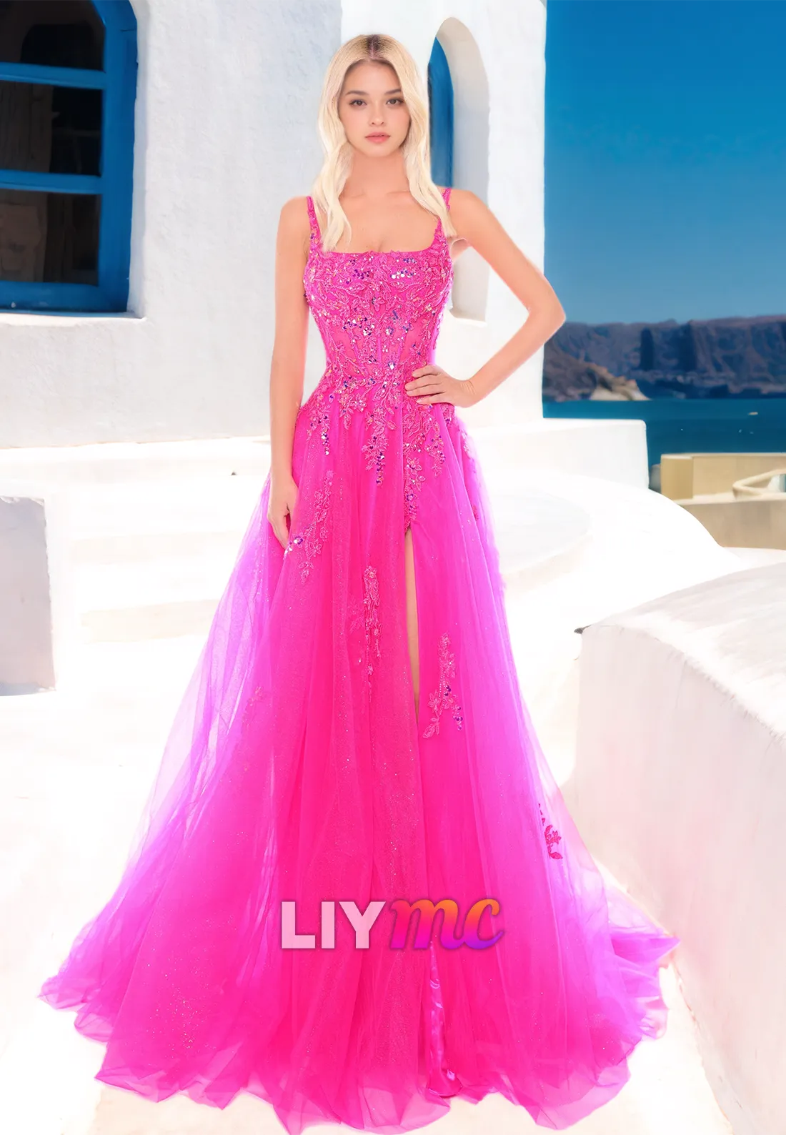 Square Straps Appliques Side Slit Ball Gown A-Line Prom Dress
