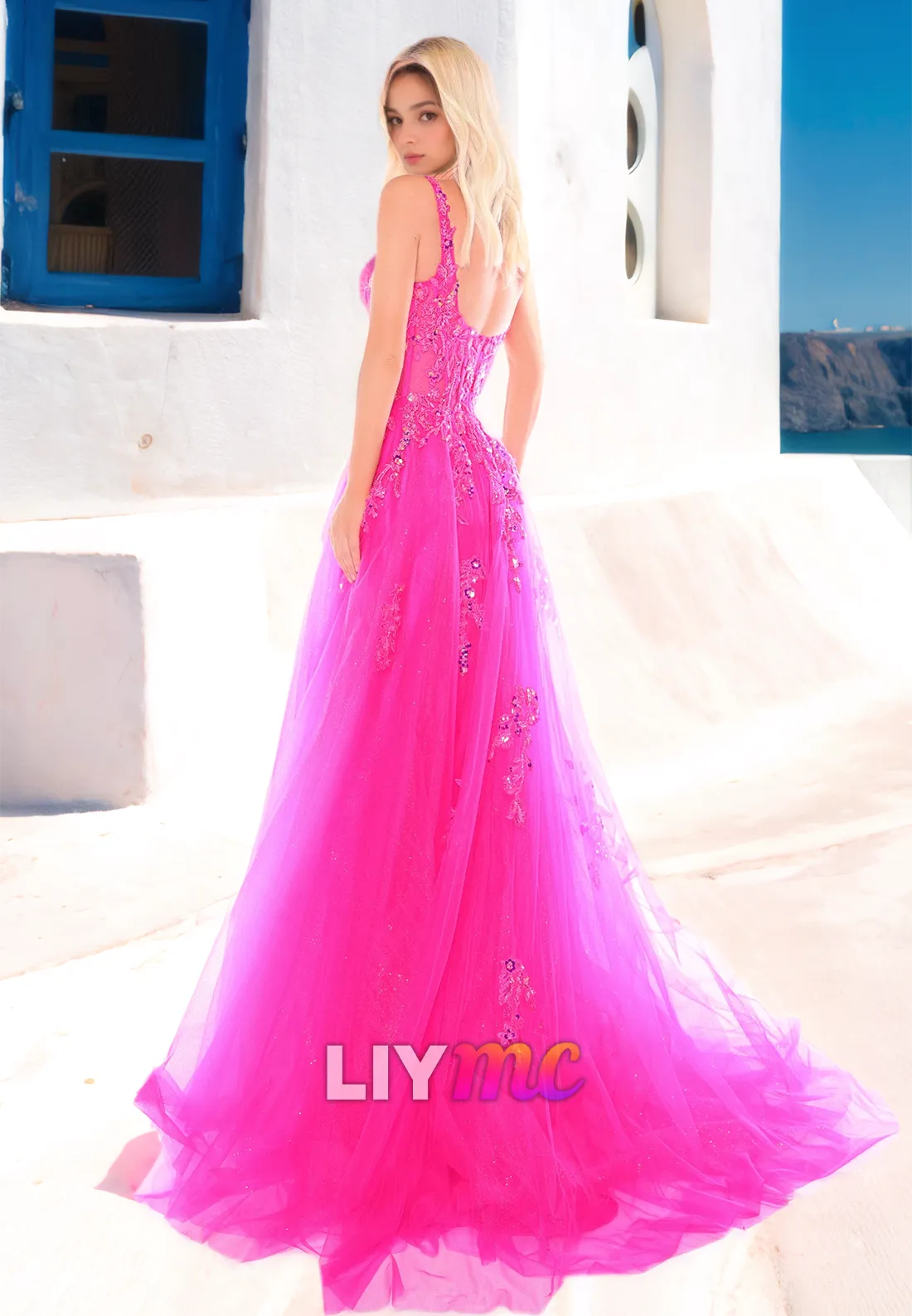 Square Straps Appliques Side Slit Ball Gown A-Line Prom Dress