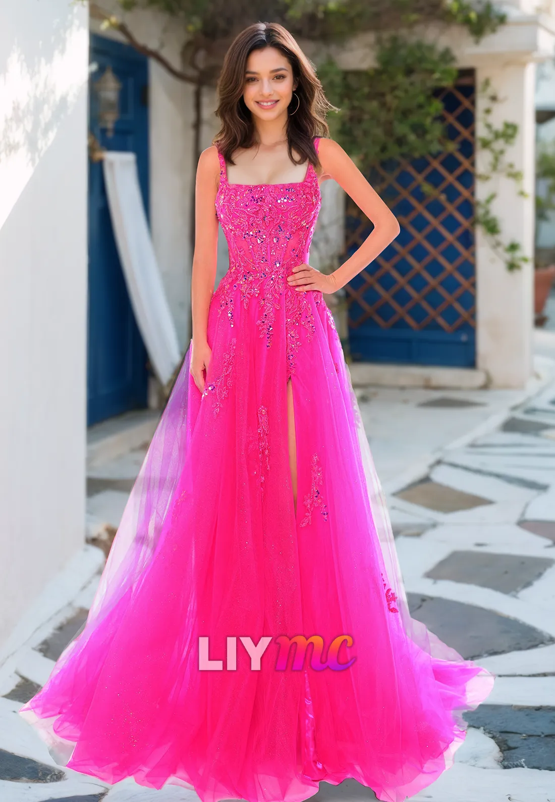 Square Straps Appliques Side Slit Ball Gown A-Line Prom Dress