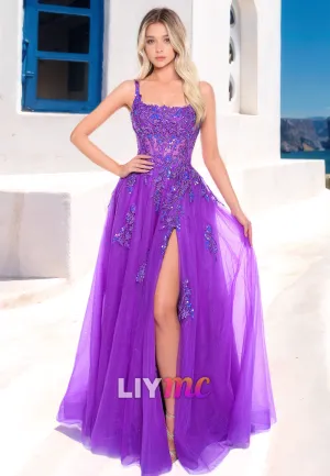 Square Straps Appliques Side Slit Ball Gown A-Line Prom Dress