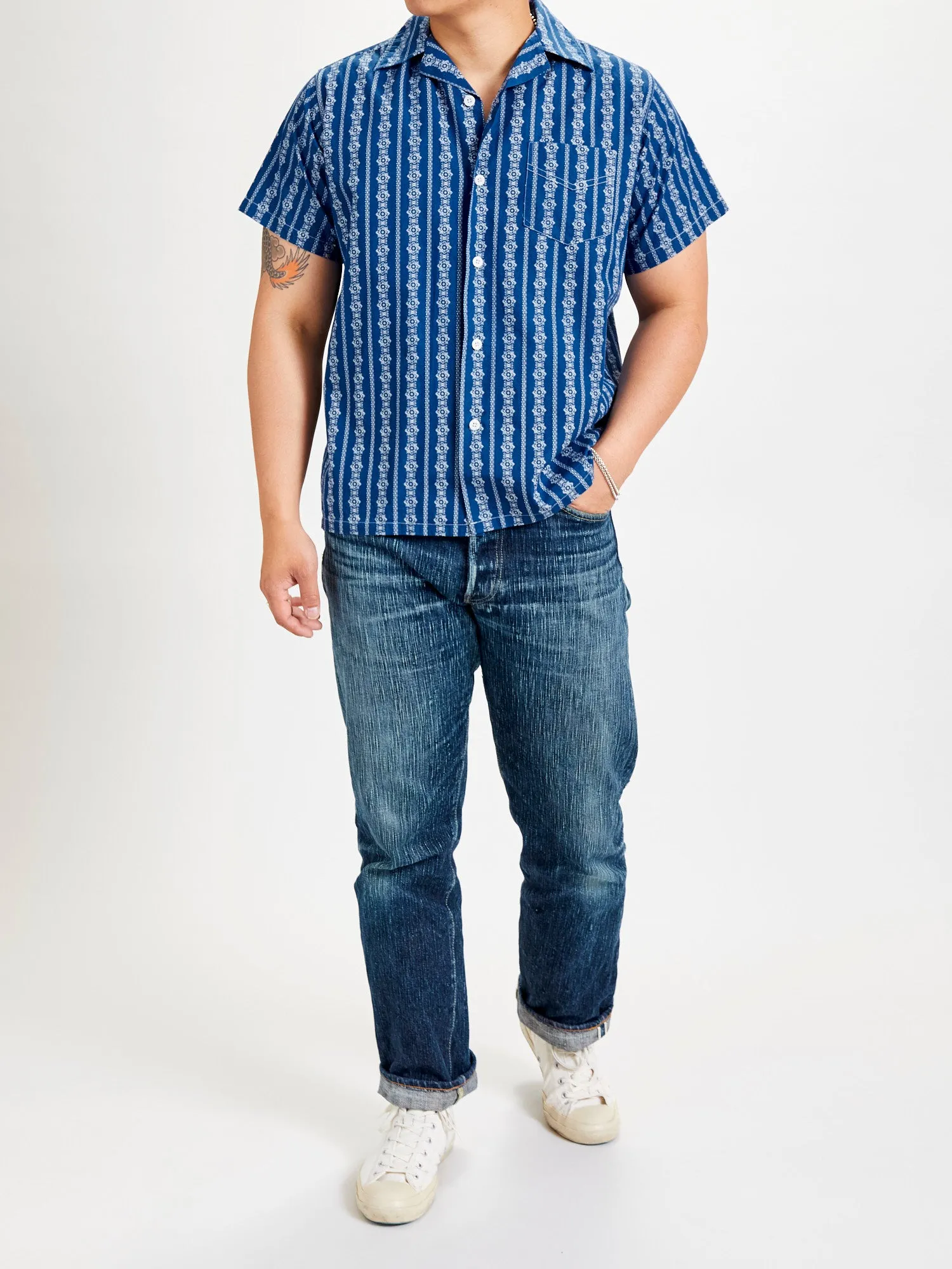 Stripe Print Hawaiian Shirt in Indigo