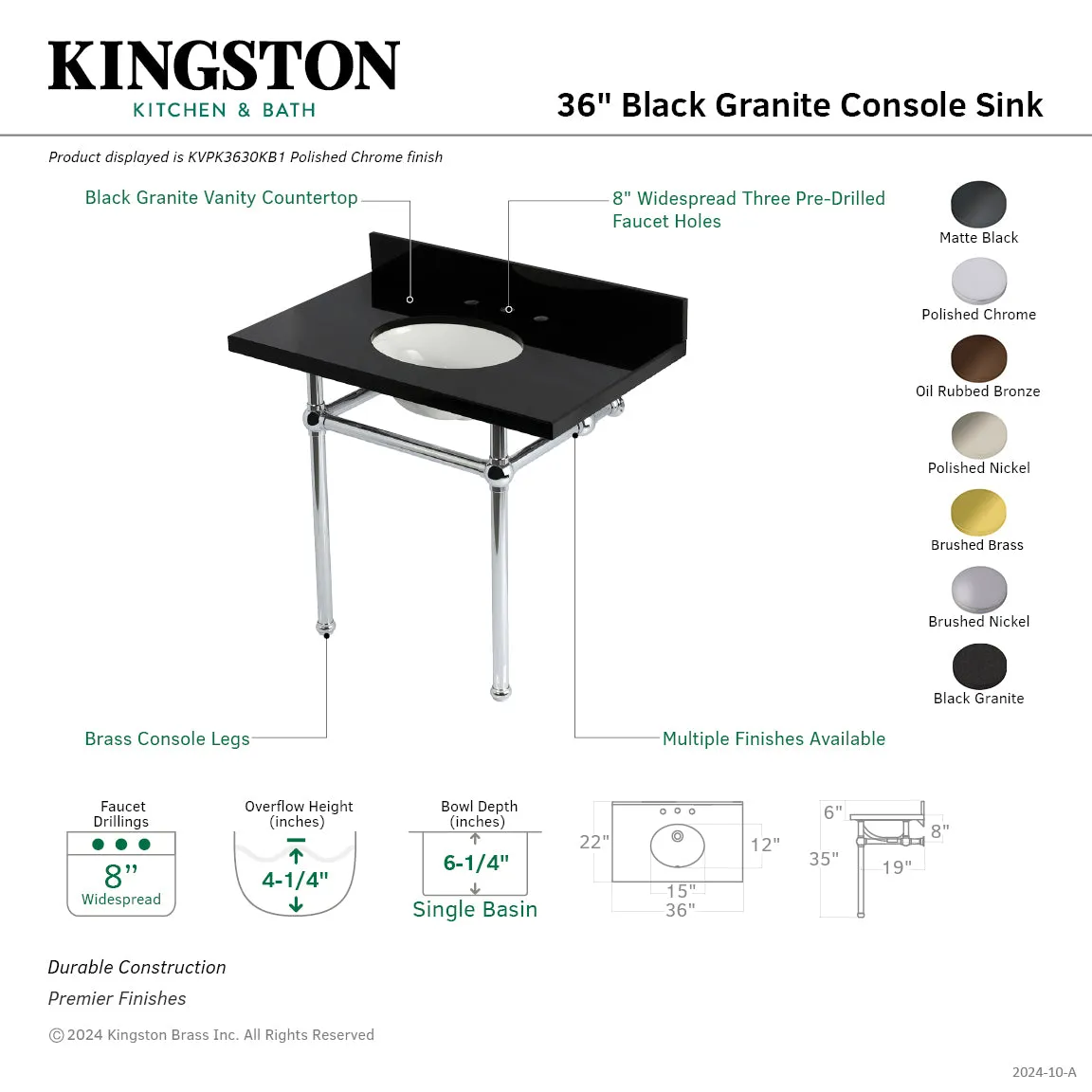 Templeton KVPK3630KB0 36-Inch Black Granite Console Sink with Brass Legs, Black Granite/Matte Black