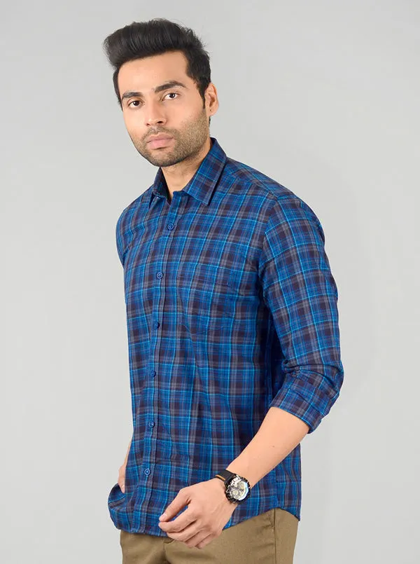 True Blue Checked Slim Fit Casual Shirt | JadeBlue