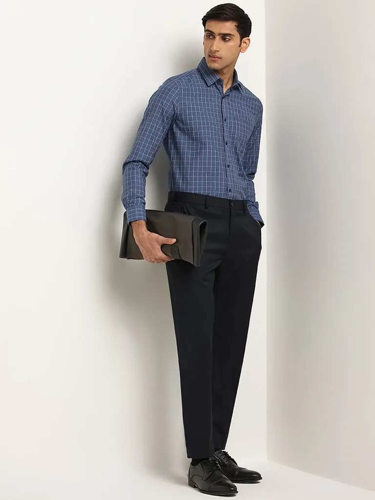 WES Formals Navy Checks Pattern Slim Fit Shirt