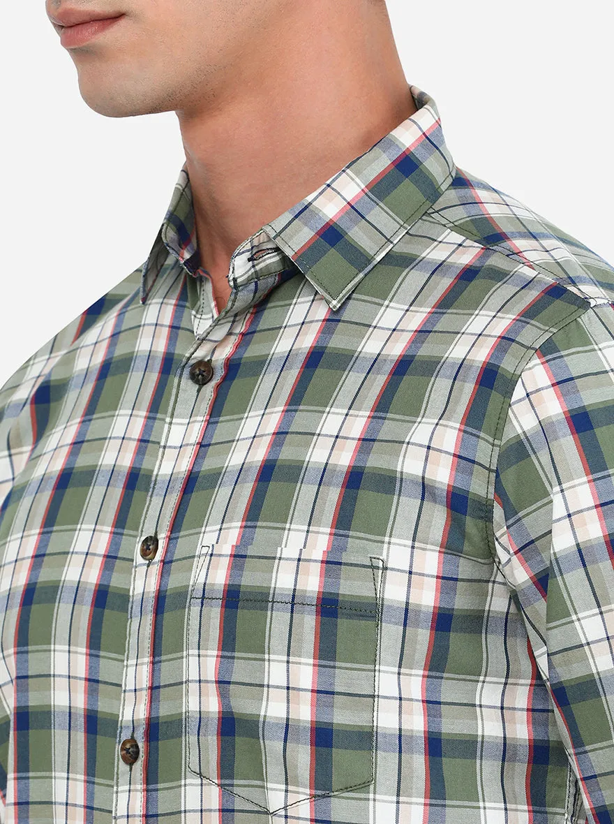 White & Green Checked Slim Fit Semi Casual Shirt | JadeBlue