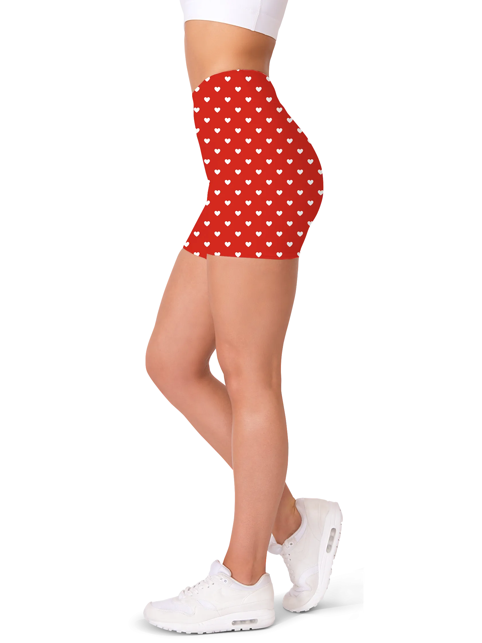 White Mini Hearts Red Yoga Shorts