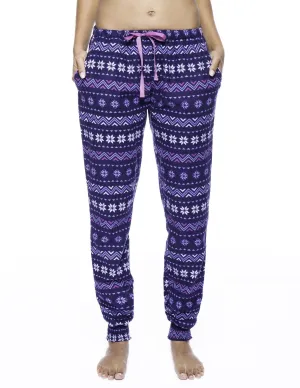 Women's Premium Flannel Jogger Lounge Pants - Nordic Snowflakes Blue